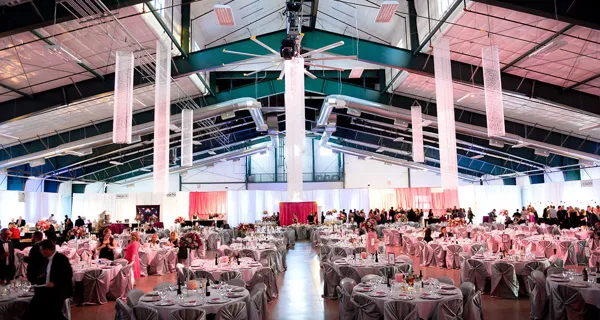 Pink-lit banquet hall with white ceiling drapes at Paint the Town PINK